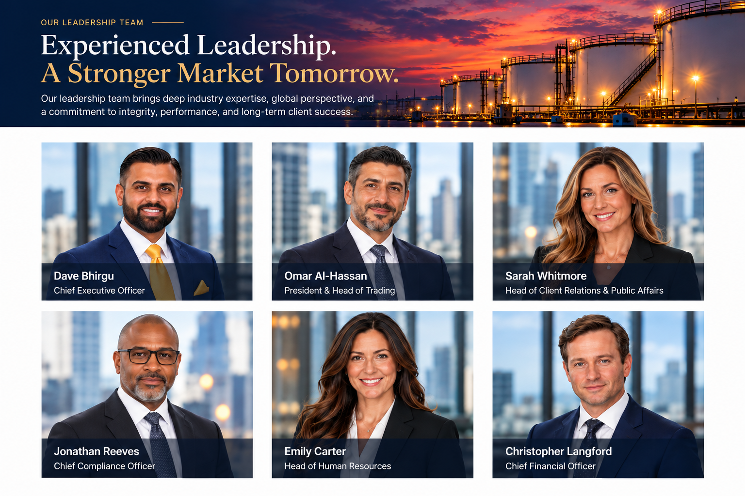 Meridian Energy Markets leadership team: Dave Bhirgu, Omar Al-Hassan, Sarah Whitmore, Jonathan Reeves, Emily Carter, and Christopher Langford